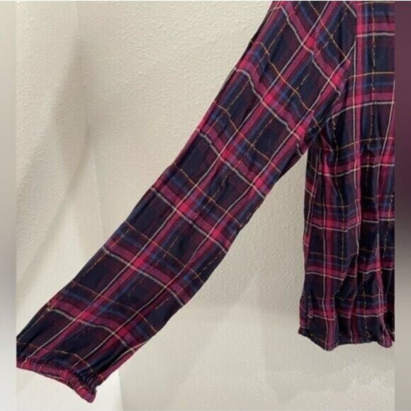 Francesca’s Western Boho Plaid Top Shabby Chic Faux Wrap Long Sleeve - Picture 2 of 6